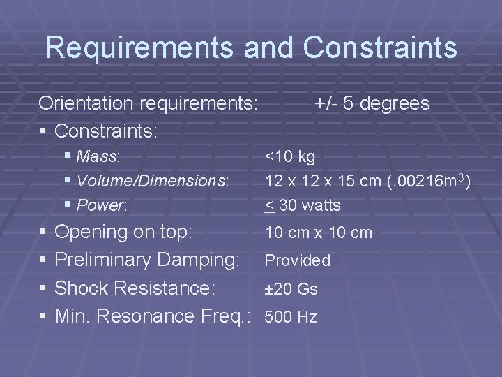 Requirements and Constraints Orientation requirements: +/- 5 degrees § Constraints: § Mass: <10 kg