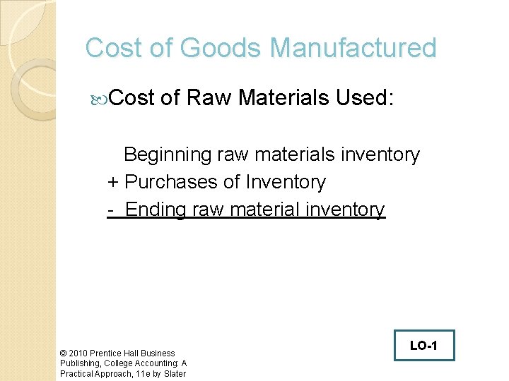 Cost of Goods Manufactured Cost of Raw Materials Used: Beginning raw materials inventory +
