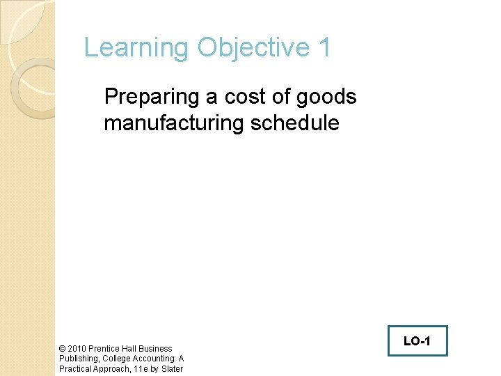 Learning Objective 1 Preparing a cost of goods manufacturing schedule © 2010 Prentice Hall