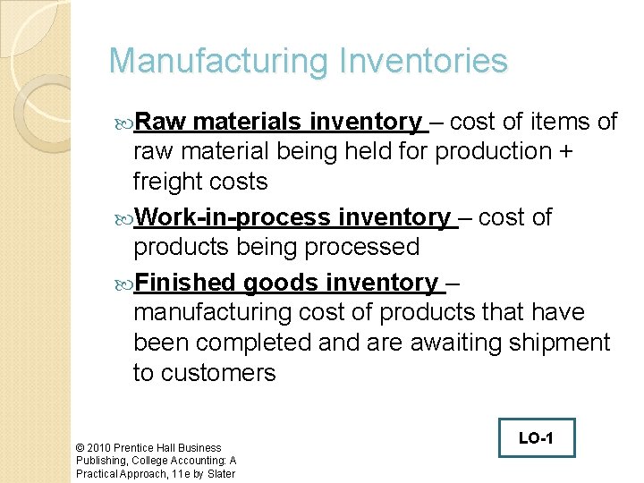 Manufacturing Inventories Raw materials inventory – cost of items of raw material being held