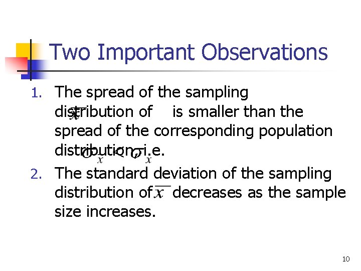 Two Important Observations 1. The spread of the sampling distribution of is smaller than