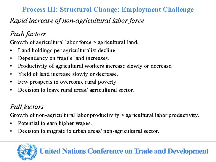 Process III: Structural Change: Employment Challenge Rapid increase of non-agricultural labor force Push factors