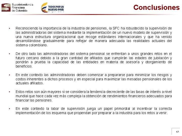 Conclusiones • Reconociendo la importancia de la industria de pensiones, la SFC ha robustecido