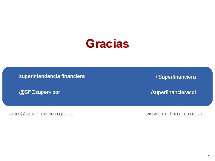Gracias superintendencia. financiera @SFCsupervisor super@superfinanciera. gov. co +Superfinanciera /superfinancieracol www. superfinanciera. gov. co 18