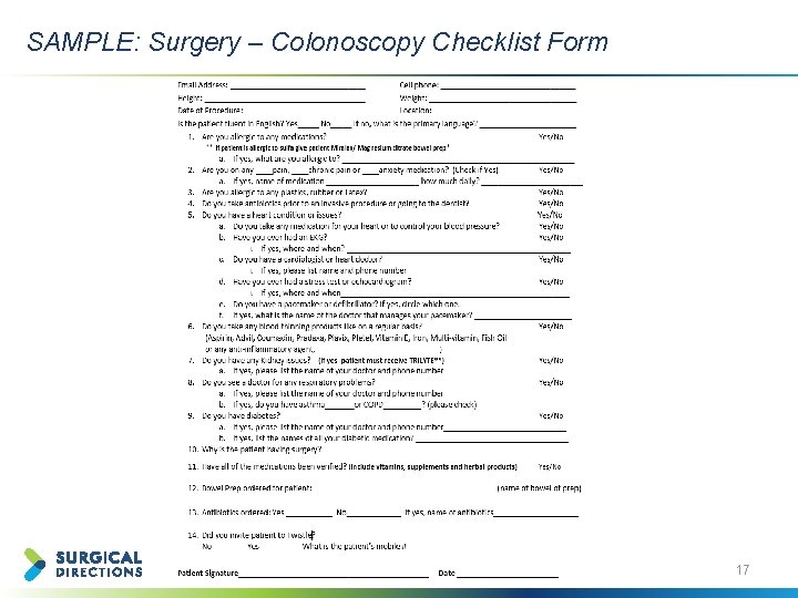 SAMPLE: Surgery – Colonoscopy Checklist Form 17 