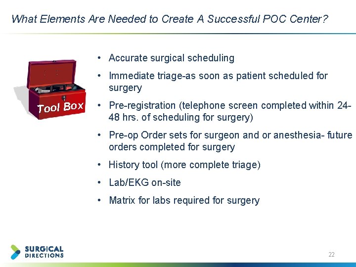 What Elements Are Needed to Create A Successful POC Center? • Accurate surgical scheduling