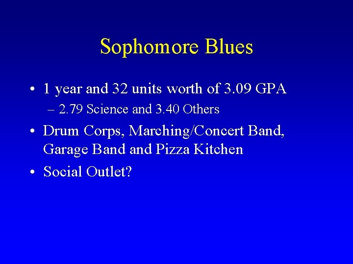 Sophomore Blues • 1 year and 32 units worth of 3. 09 GPA –