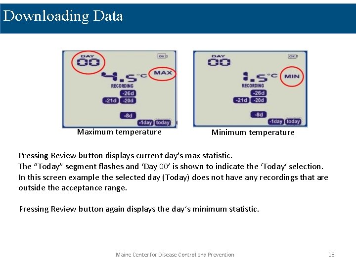 Downloading Data Maximum temperature Minimum temperature Pressing Review button displays current day’s max statistic.