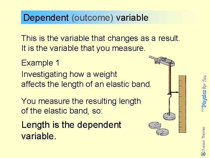 Dependent (outcome) variable This is the variable that changes as a result. It is