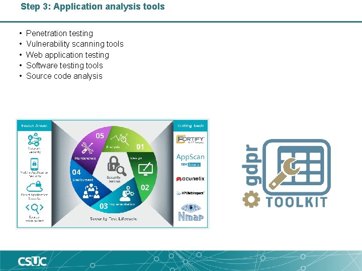 Step 3: Application analysis tools • • • Penetration testing Vulnerability scanning tools Web