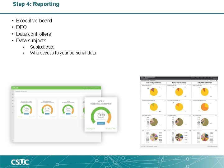 Step 4: Reporting • • Executive board DPO Data controllers Data subjects • •