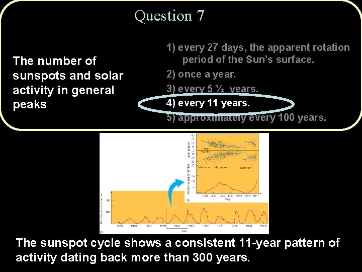 Question 7 The number of sunspots and solar activity in general peaks 1) every