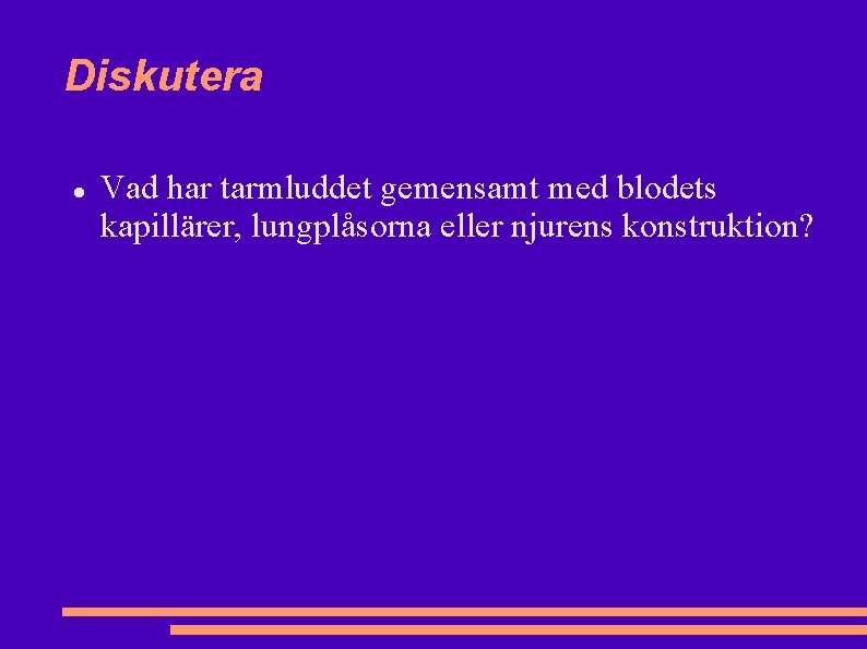 Diskutera Vad har tarmluddet gemensamt med blodets kapillärer, lungplåsorna eller njurens konstruktion? Diskutera Vad har tarmluddet gemensamt med blodets kapillärer, lungplåsorna eller njurens konstruktion?