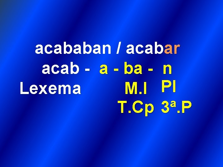 acababan / acabar acab - a - ba - n Lexema M. I Pl