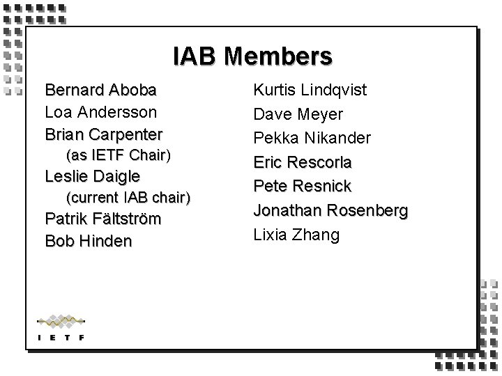 IAB Members Bernard Aboba Loa Andersson Brian Carpenter (as IETF Chair) Leslie Daigle (current