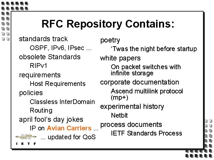 RFC Repository Contains: standards track OSPF, IPv 6, IPsec. . . obsolete Standards RIPv