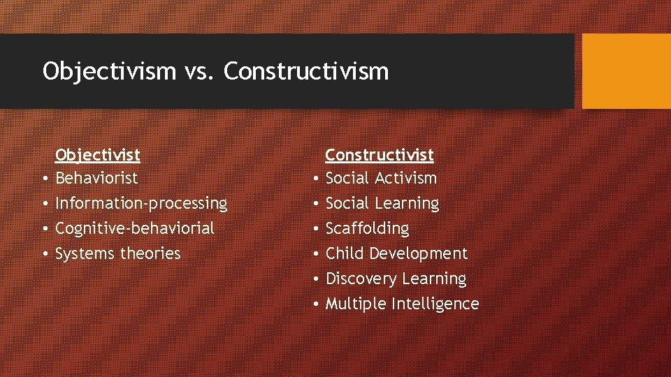 Objectivism vs. Constructivism • • Objectivist Behaviorist Information-processing Cognitive-behaviorial Systems theories • • •