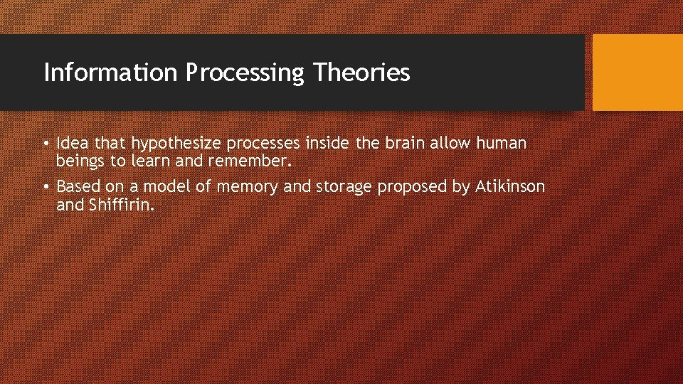 Information Processing Theories • Idea that hypothesize processes inside the brain allow human beings