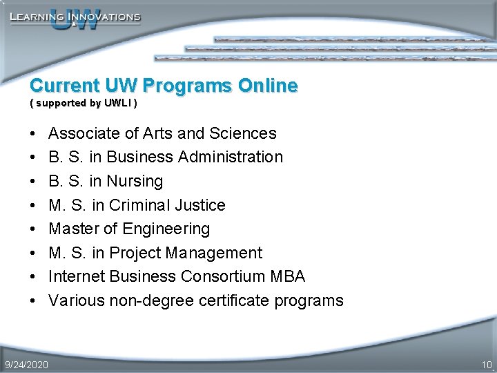 Current UW Programs Online ( supported by UWLI ) • • 9/24/2020 Associate of