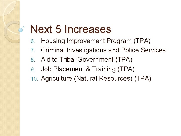 Next 5 Increases 6. 7. 8. 9. 10. Housing Improvement Program (TPA) Criminal Investigations