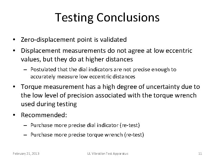 Testing Conclusions • Zero-displacement point is validated • Displacement measurements do not agree at
