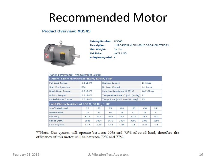 Recommended Motor February 21, 2013 UL Vibration Test Apparatus 16 