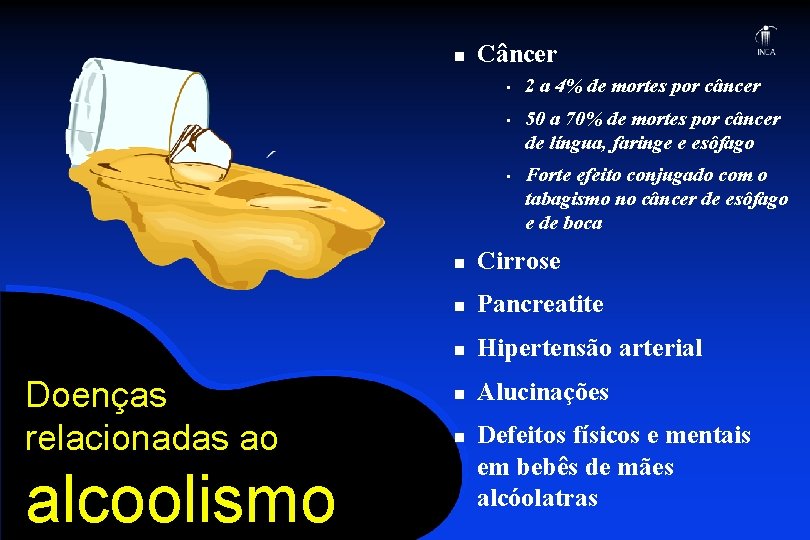 n Câncer • • • Doenças relacionadas ao alcoolismo 2 a 4% de mortes