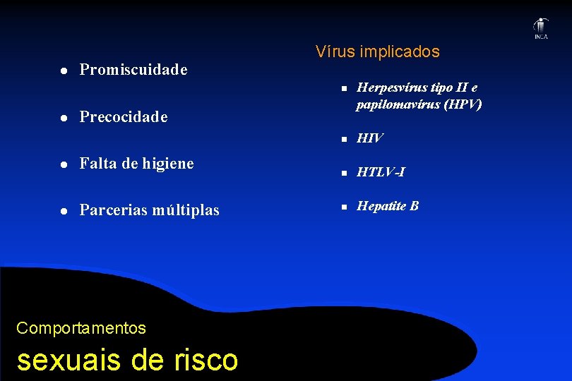 l Promiscuidade Vírus implicados n l Precocidade l Falta de higiene l Parcerias múltiplas