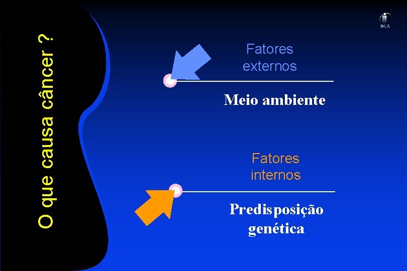 O que causa câncer ? Fatores externos Meio ambiente Fatores internos Predisposição genética 