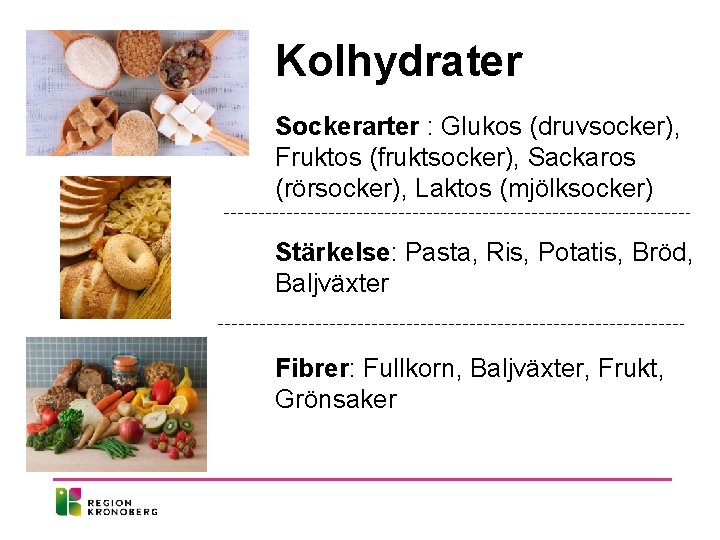 Kolhydrater Sockerarter : Glukos (druvsocker), Fruktos (fruktsocker), Sackaros (rörsocker), Laktos (mjölksocker) Stärkelse: Pasta, Ris,