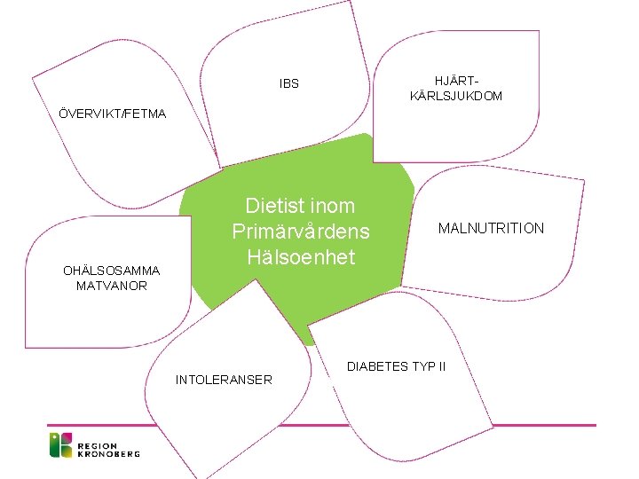 HJÄRT- KÄRLSJUKDOM IBS ÖVERVIKT/FETMA OHÄLSOSAMMA MATVANOR Dietist inom Primärvårdens Hälsoenhet INTOLERANSER MALNUTRITION DIABETES TYP