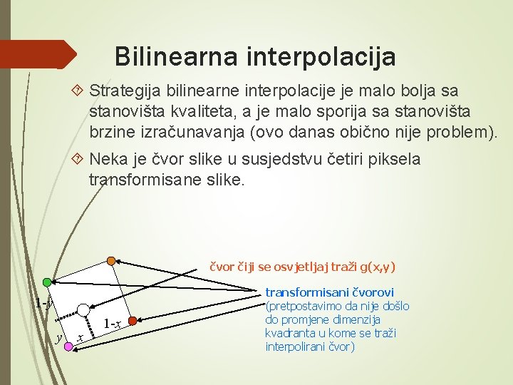 Bilinearna interpolacija Strategija bilinearne interpolacije je malo bolja sa stanovišta kvaliteta, a je malo