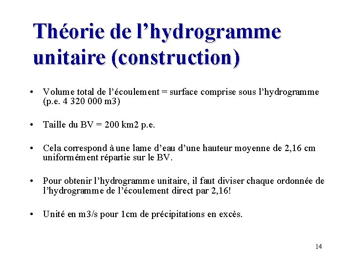 Théorie de l’hydrogramme unitaire (construction) • Volume total de l’écoulement = surface comprise sous