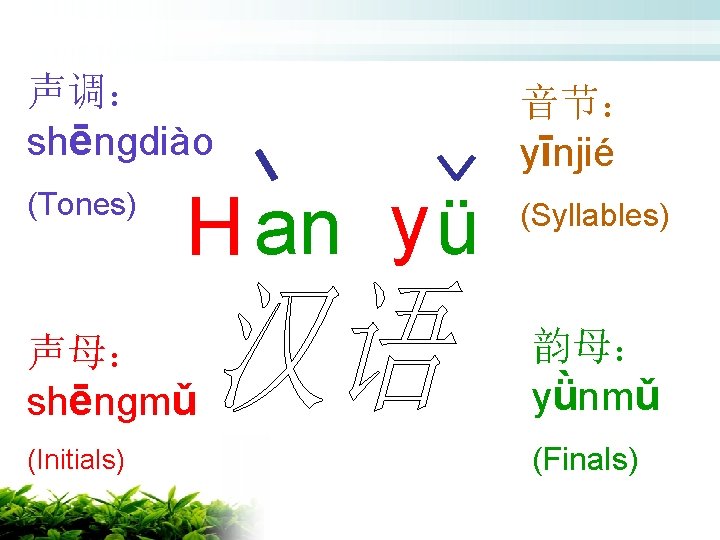 声调： shēngdiào (Tones) H an y ü 音节： yīnjié (Syllables) 声母： shēngmǔ 韵母： yǜnmǔ
