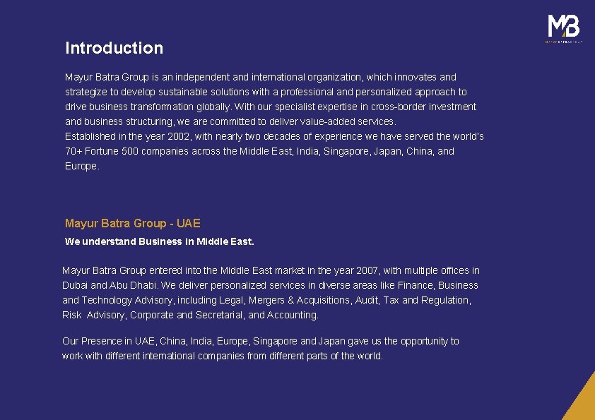 Introduction Mayur Batra Group is an independent and international organization, which innovates and strategize