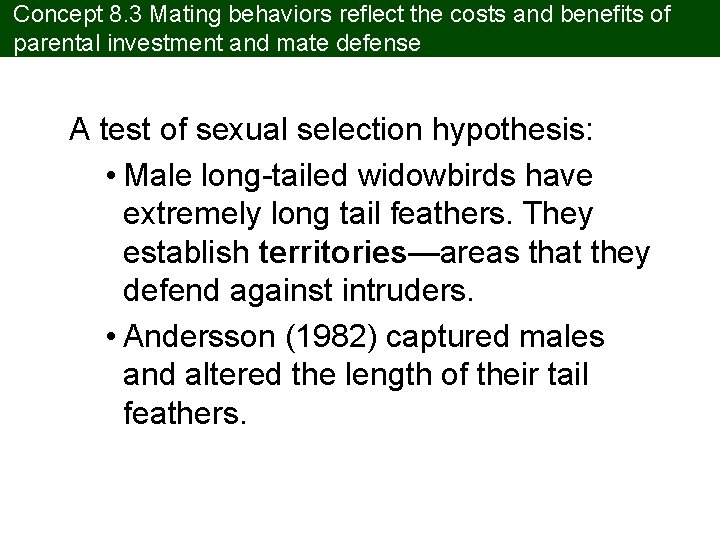 Concept 8. 3 Mating behaviors reflect the costs and benefits of parental investment and