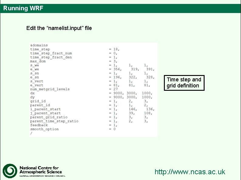 Running WRF Edit the “namelist. input” file Time step and grid definition http: //www.