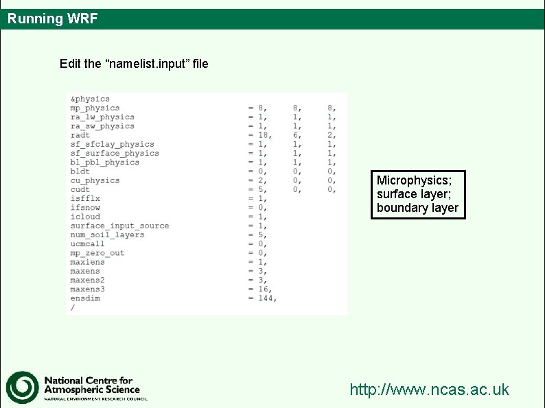 Running WRF Edit the “namelist. input” file Microphysics; surface layer; boundary layer http: //www.