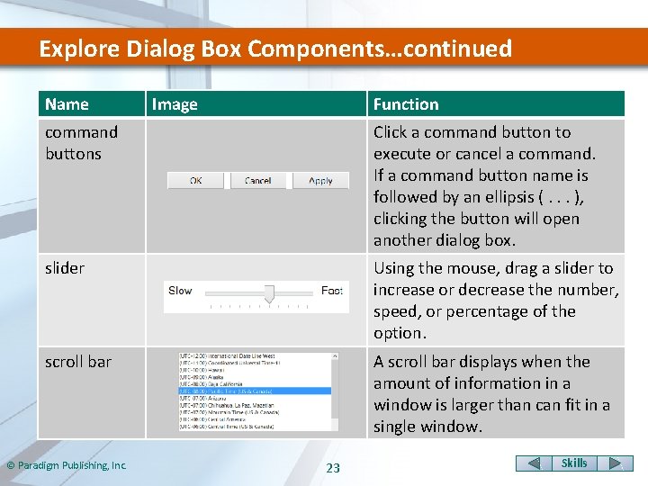 Explore Dialog Box Components…continued Name Image Function command buttons Click a command button to