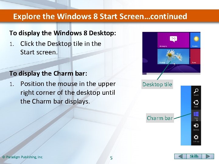 Explore the Windows 8 Start Screen…continued To display the Windows 8 Desktop: 1. Click