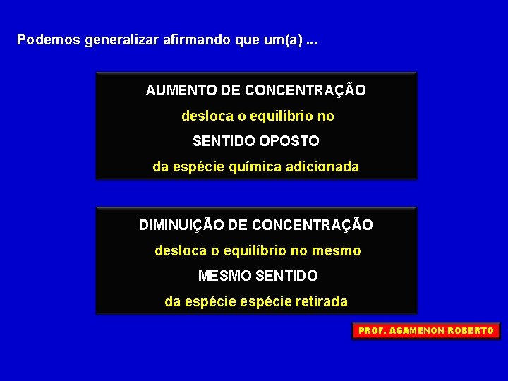 Podemos generalizar afirmando que um(a). . . AUMENTO DE CONCENTRAÇÃO desloca o equilíbrio no