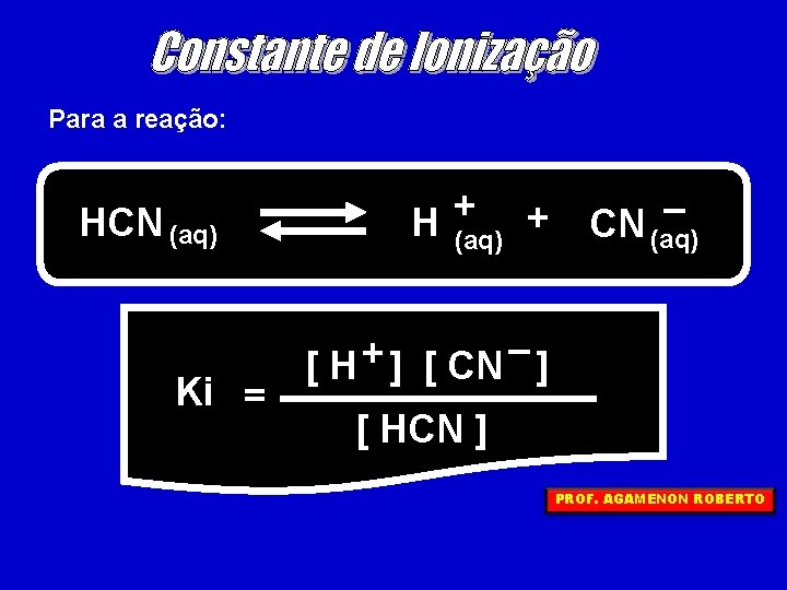 Para a reação: HCN (aq) Ki = + H (aq) + – CN (aq)