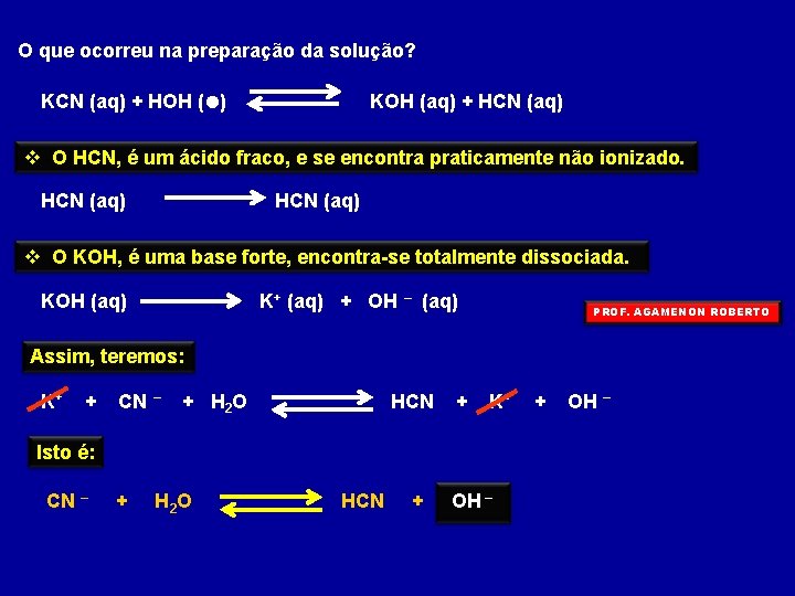 O que ocorreu na preparação da solução? KCN (aq) + HOH (l) KOH (aq)