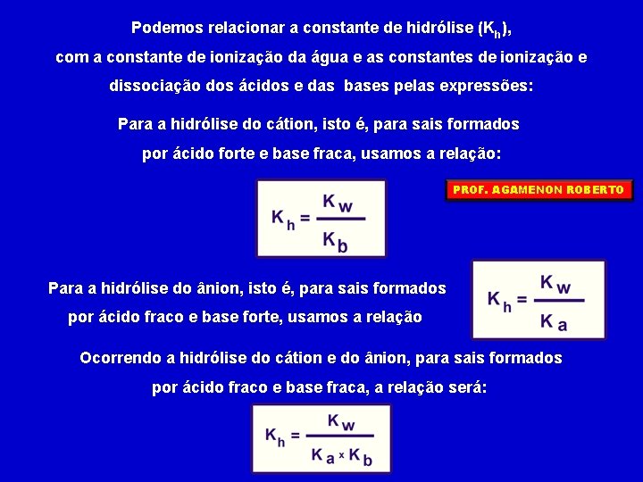 Podemos relacionar a constante de hidrólise (Kh), com a constante de ionização da água