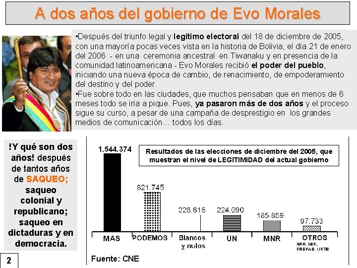 A dos años del gobierno de Evo Morales • Después del triunfo legal y
