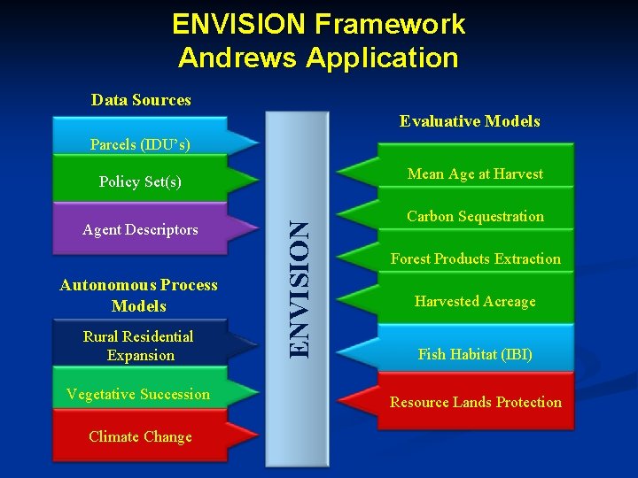 ENVISION Framework Andrews Application Data Sources Evaluative Models Parcels (IDU’s) Mean Age at Harvest