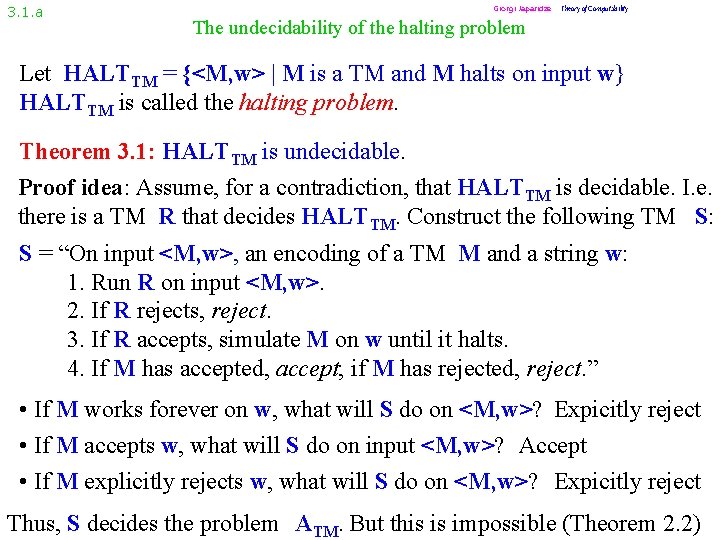 3. 1. a Giorgi Japaridze Theory of Computability The undecidability of the halting problem