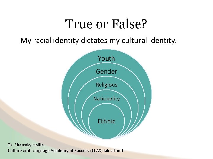 True or False? My racial identity dictates my cultural identity. Youth Gender Religious Nationality