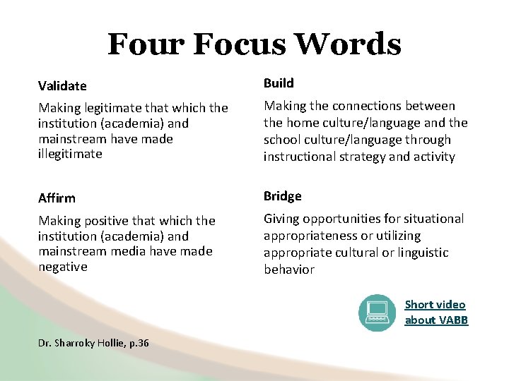 Four Focus Words Validate Build Making legitimate that which the institution (academia) and mainstream