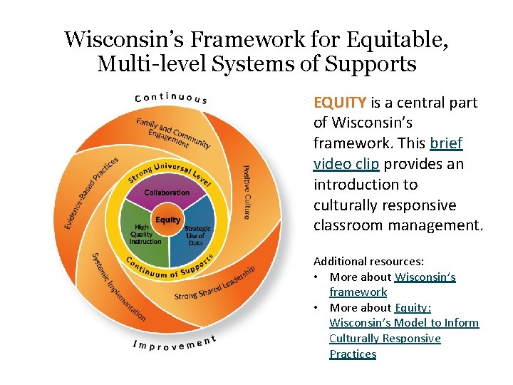Wisconsin’s Framework for Equitable, Multi-level Systems of Supports EQUITY is a central part of